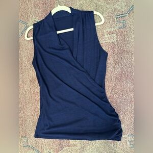 Soft Knit faux wrap gathered v neck navy dress top is medium